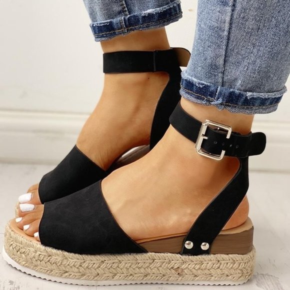 Black Espadrille Ankle Strap Platform Sandals 9.5 - Picture 1 of 15